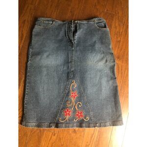 VTG Y2K Denim Midi Skirt Floral Embroidered Boho Prairie Cottage Art Size 16